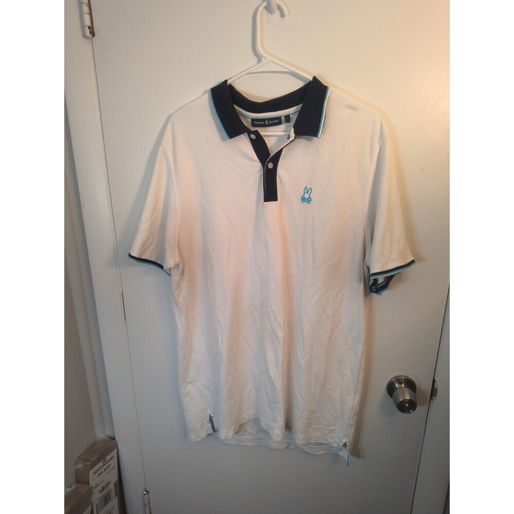 PSYCHO BUNNY Size 7 Men's XXL White Montebello Pique Polo Shirt Blue Trim Cotton